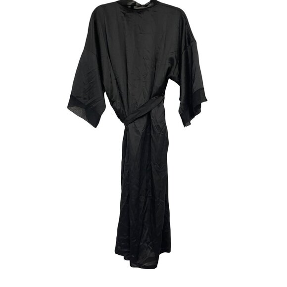 Vintage 70s Miss Dior Womens Robe Small S Black Floral Polyester Kimono Sleeves - Picture 2 of 8